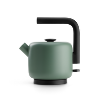 Clyde Electric Kettle, a modern green Fellow teapot with black handle on black background. - media thumbnail