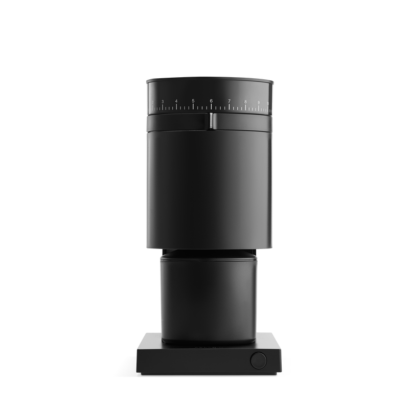 Fellows Opus Conical Burr Grinder: sleek black, precise settings, cylindrical on square base.